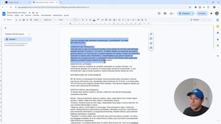 De Prompt a Web Publicada en 14 Minutos: Google AI Studio + Antigravity + Hostinger Cloud 62 Documento de Google Docs con el prompt de la landing y texto seleccionado