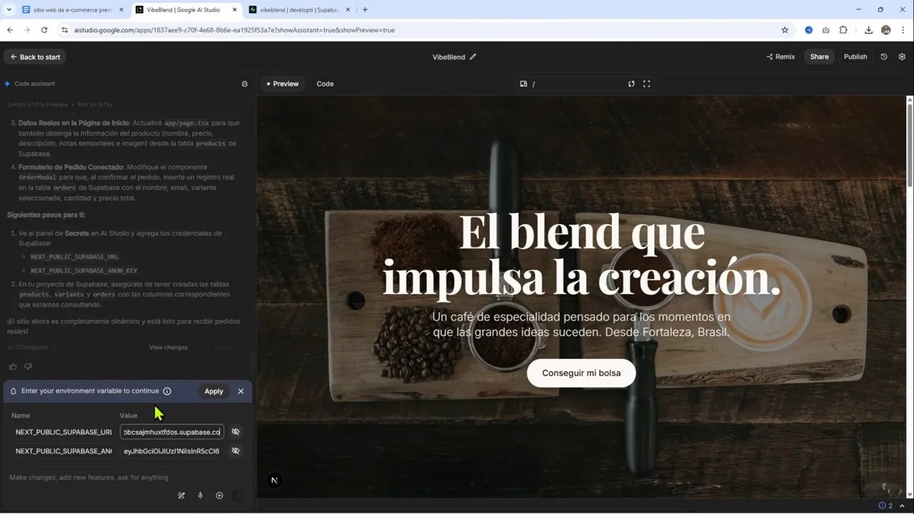 Panel de AI Studio para introducir variables de entorno mostrando NEXT_PUBLIC_SUPABASE_URL y NEXT_PUBLIC_SUPABASE_ANON_KEY