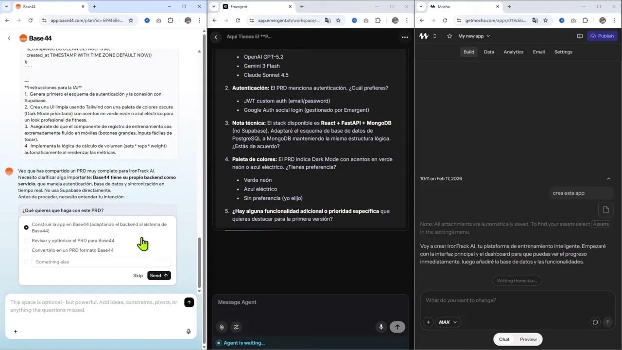 La herramienta más FÁCIL para crear tu app/web con IA | Base44 vs Emergent vs Mocha 3 Vista clara de Base44 con una opción seleccionada ('Construir la app en Base44') y el cursor sobre el área de envío; Emergent y Mocha aparecen a la derecha.