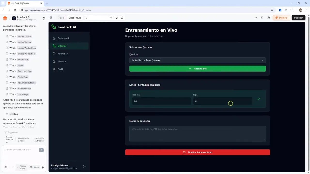 La herramienta más FÁCIL para crear tu app/web con IA | Base44 vs Emergent vs Mocha 4 Serie guardada en Base44 mostrando 80 kg y 6 repeticiones con la confirmación activa