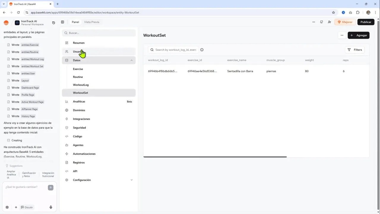 La herramienta más FÁCIL para crear tu app/web con IA | Base44 vs Emergent vs Mocha 9 Tabla WorkoutSet en Base44 mostrando una fila con 'Sentadilla con Barra', 80 kg y 6 repeticiones.