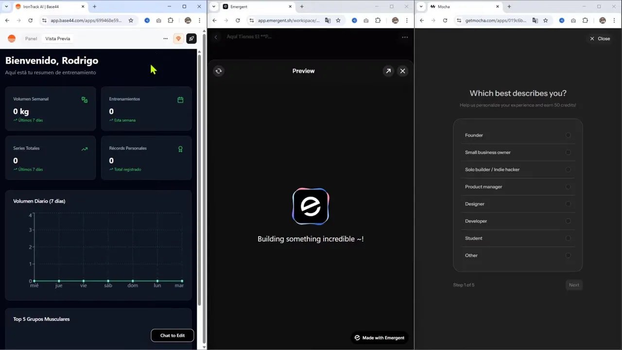 La herramienta más FÁCIL para crear tu app/web con IA | Base44 vs Emergent vs Mocha 10 Pantalla dividida mostrando la interfaz de Base44 (izquierda), una vista previa de Emergent (centro) y un formulario de Mocha (derecha).