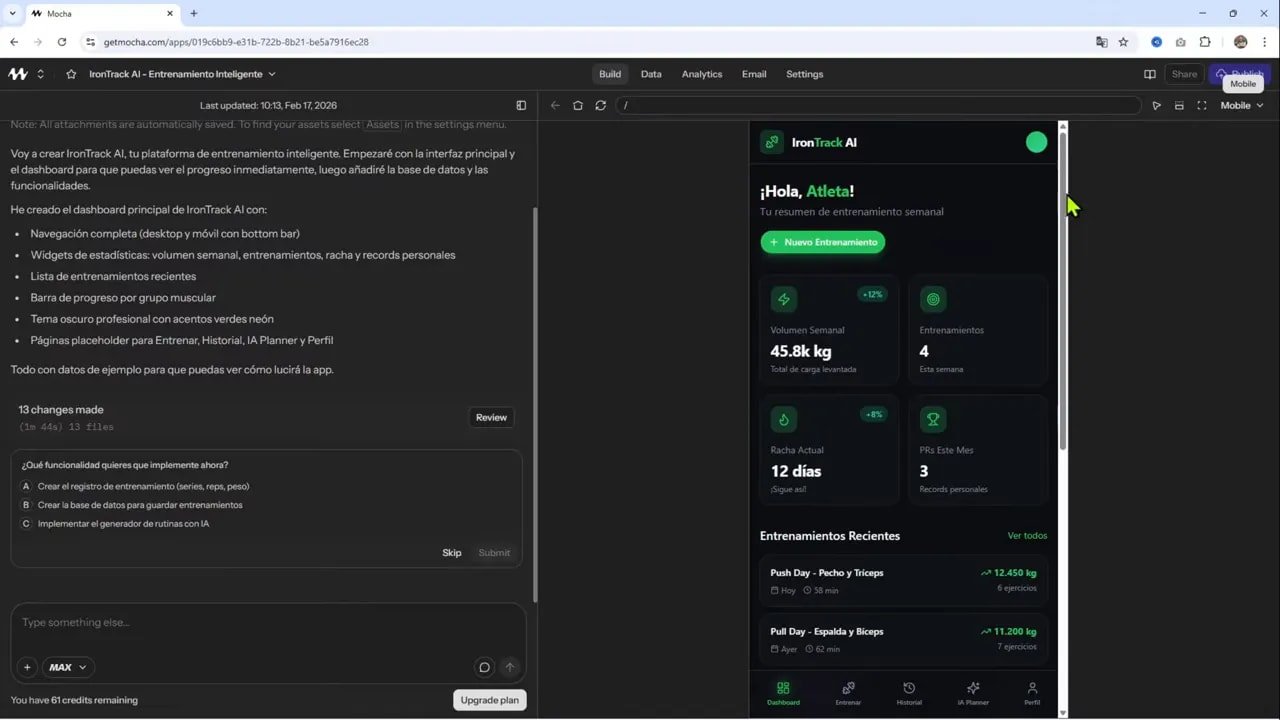 La herramienta más FÁCIL para crear tu app/web con IA | Base44 vs Emergent vs Mocha 5 Vista del dashboard en modo móvil mostrando tarjetas de métricas, botón de nuevo entrenamiento y diseño responsivo
