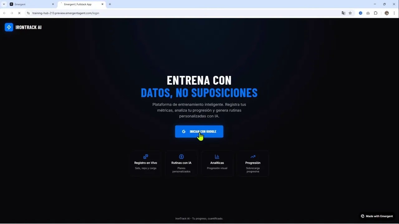 La herramienta más FÁCIL para crear tu app/web con IA | Base44 vs Emergent vs Mocha 6 Landing de Emergent con el texto 'Entrena con datos, no suposiciones' y botón 'Iniciar con Google'.
