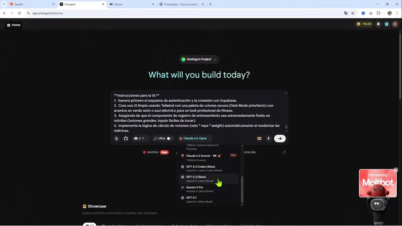 La herramienta más FÁCIL para crear tu app/web con IA | Base44 vs Emergent vs Mocha 2 Interfaz de Emergent en modo oscuro que muestra el cuadro del prompt y el menú desplegable de modelos con GPT-5.2 resaltado.