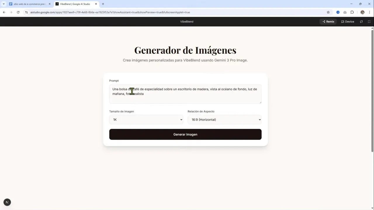 Generador de imágenes en AI Studio mostrando el prompt 'Una bolsa de café de especialidad...' con opciones de tamaño y relación de aspecto y botón Generar Imagen
