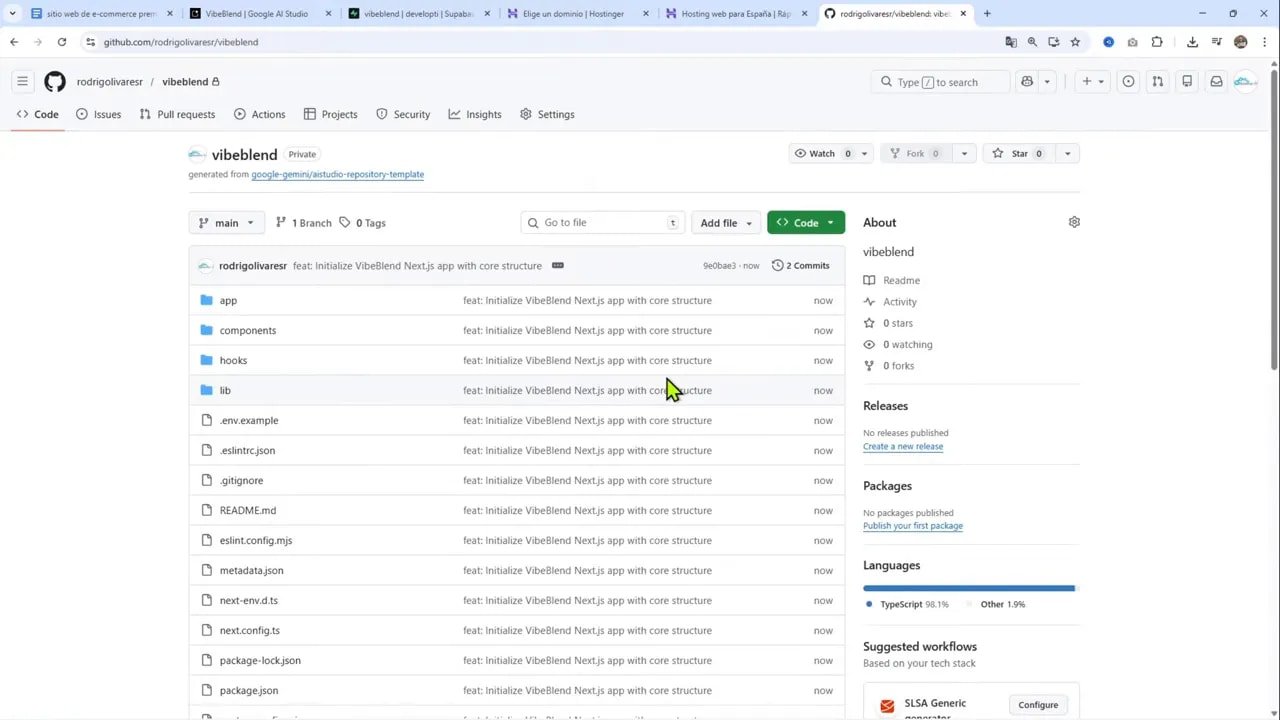 Página del repositorio 'vibeblend' en GitHub mostrando carpetas como app, components, hooks y archivos de configuración.
