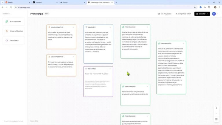 La herramienta más FÁCIL para crear tu app/web con IA | Base44 vs Emergent vs Mocha 7 Lienzo de la app PrimeraApp mostrando tarjetas de requisitos, idea de app y funcionalidades.