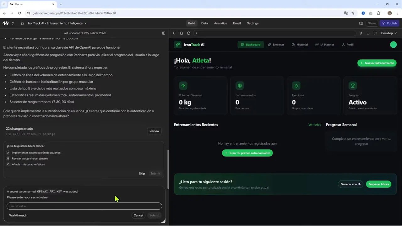 La herramienta más FÁCIL para crear tu app/web con IA | Base44 vs Emergent vs Mocha 7 Interfaz de Mocha mostrando el dashboard '¡Hola, Atleta!' y el campo donde ingresar el valor de OPENAI_API_KEY.