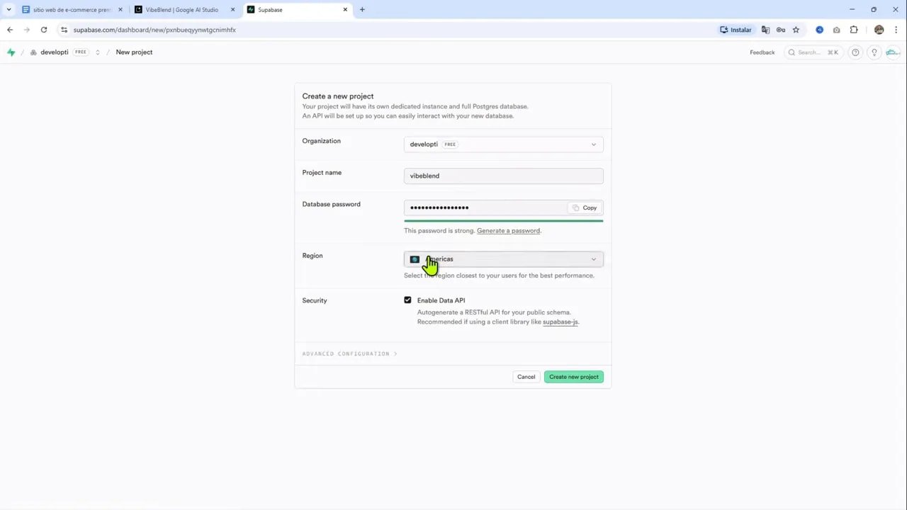 Formulario de creación de proyecto en Supabase con 'vibeblend' como nombre, contraseña establecida y región seleccionada