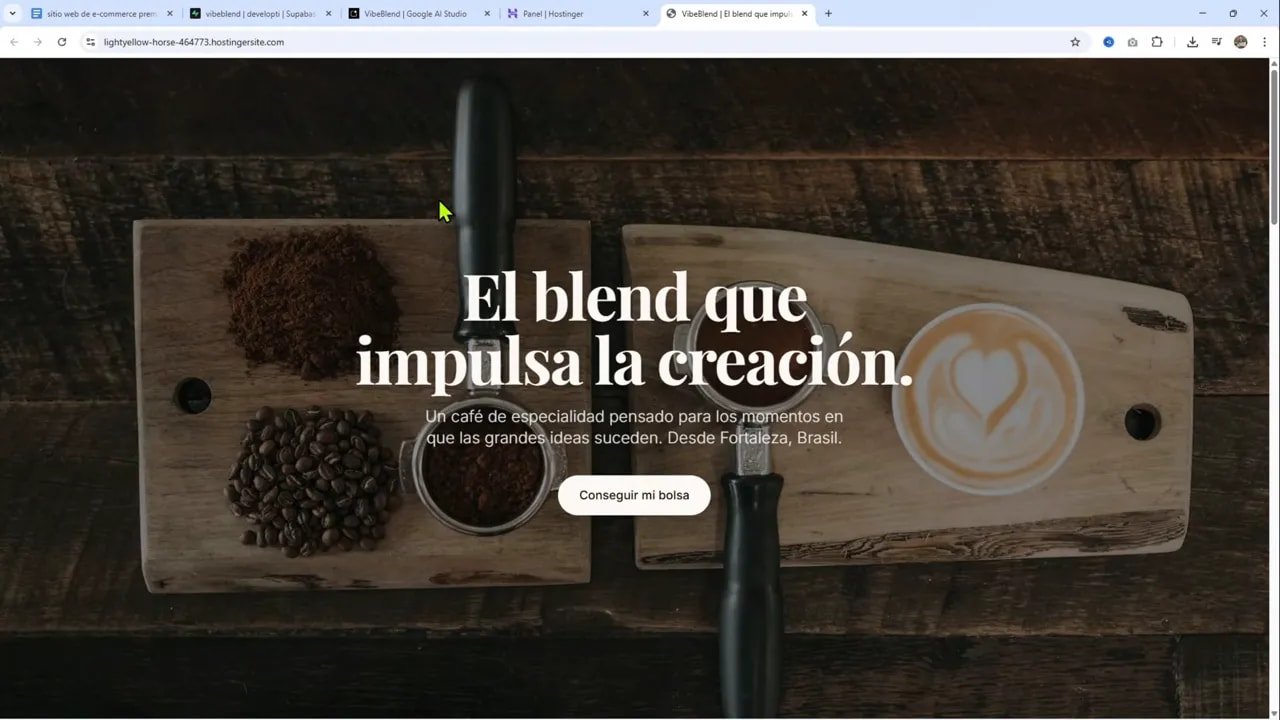 Página pública de la tienda VibeBlend mostrando el hero con el título 'El blend que impulsa la creación' visible en el navegador.