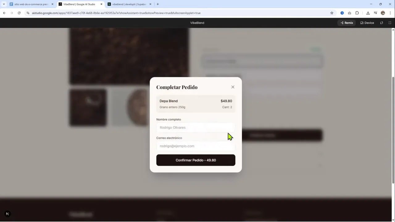 Modal de 'Completar Pedido' en la tienda VibeBlend mostrando campos nombre y email y el botón 'Confirmar Pedido'.