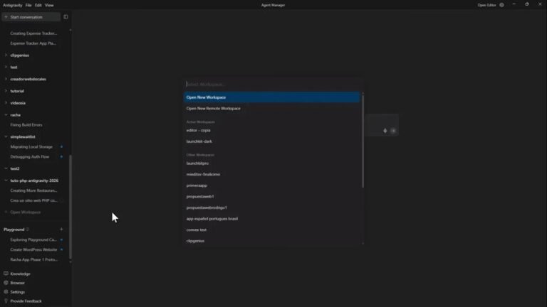 Cómo usar MÚLTIPLES AGENTES en Google Antigravity para crear proyectos más rápido 9 Diálogo 'Open New Workspace' en Antigravity mostrando workspaces activos y la opción 'Open New Workspace'