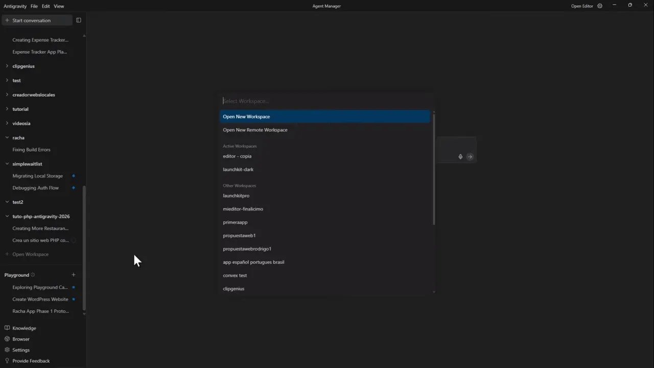 Diálogo 'Open New Workspace' en Antigravity mostrando workspaces activos y la opción 'Open New Workspace'