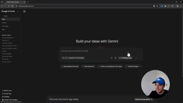 AI Studio ahora integra Firebase automáticamente, creé una app completa en 5 minutos 2 Interfaz de inicio de Google AI Studio con el mensaje 'Build your ideas with Gemini' y la opción 'Add database and auth' debajo del prompt