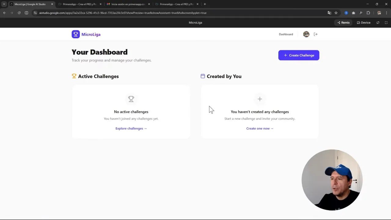 AI Studio ahora integra Firebase automáticamente, creé una app completa en 5 minutos 9 Dashboard de la app MicroLiga generada por AI Studio mostrando 'No active challenges' y el botón 'Create Challenge'.