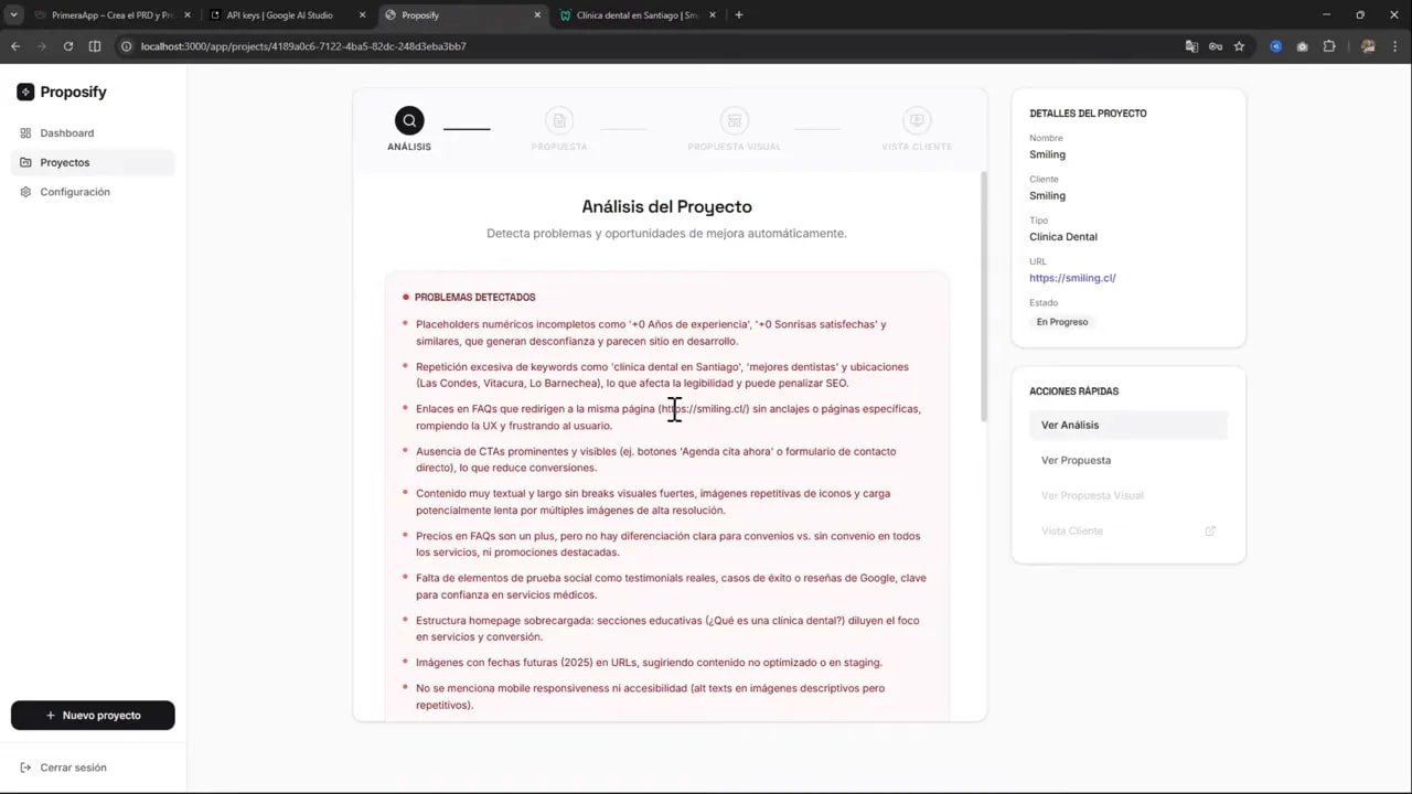 Interfaz mostrando 'Análisis del Proyecto' con un panel resaltado 'Problemas detectados' y lista de observaciones