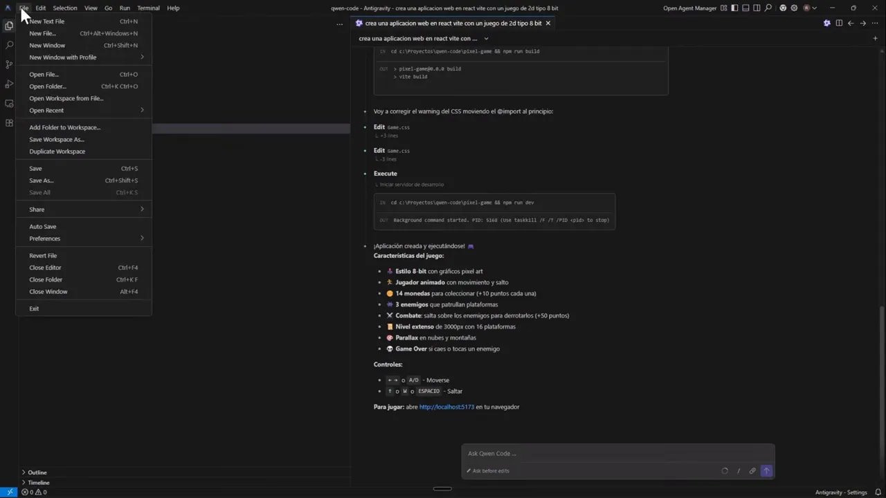 Editor VS Code / Antigravity con documento de instrucciones, características del juego y panel de agente visible
