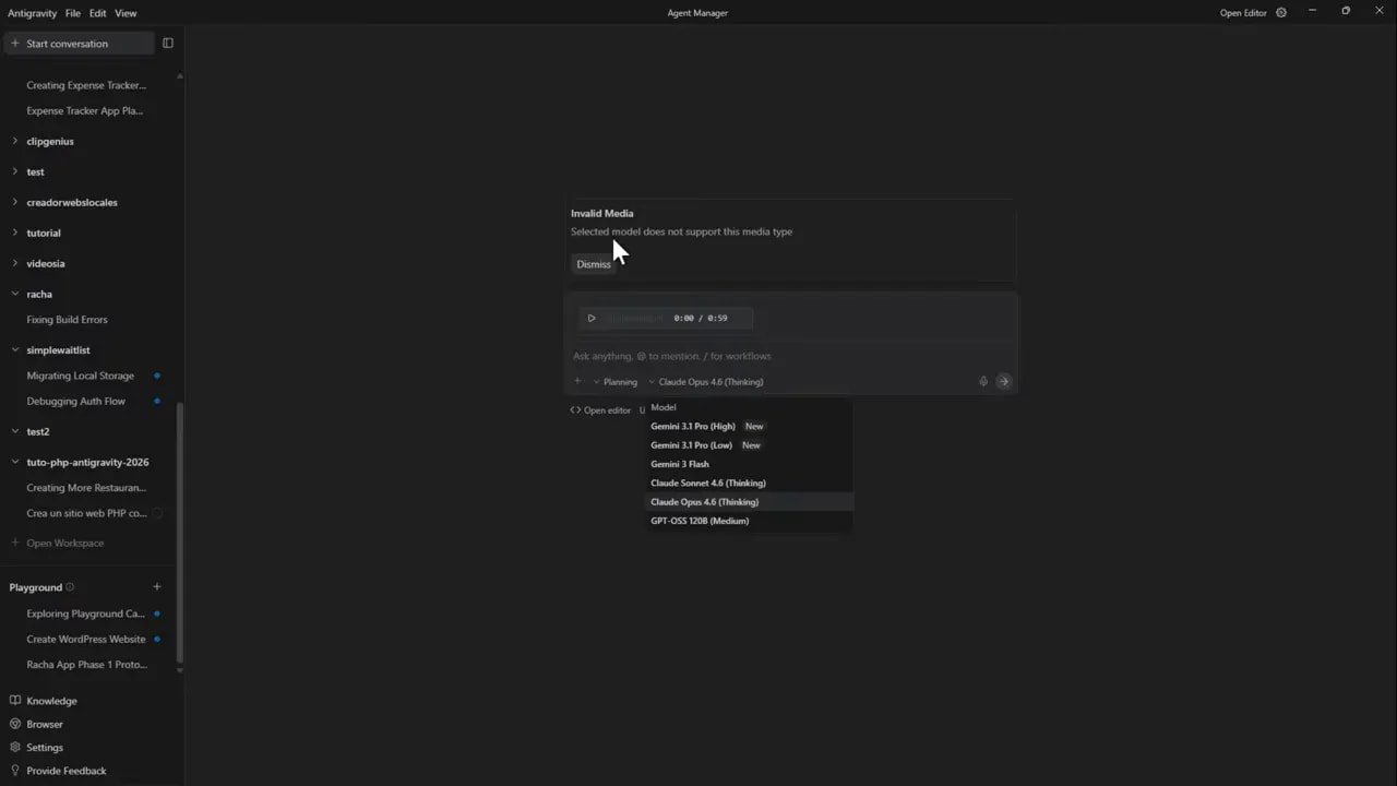 Desplegable de selección de modelo en Antigravity mostrando opciones como Gemini 3.1 Pro