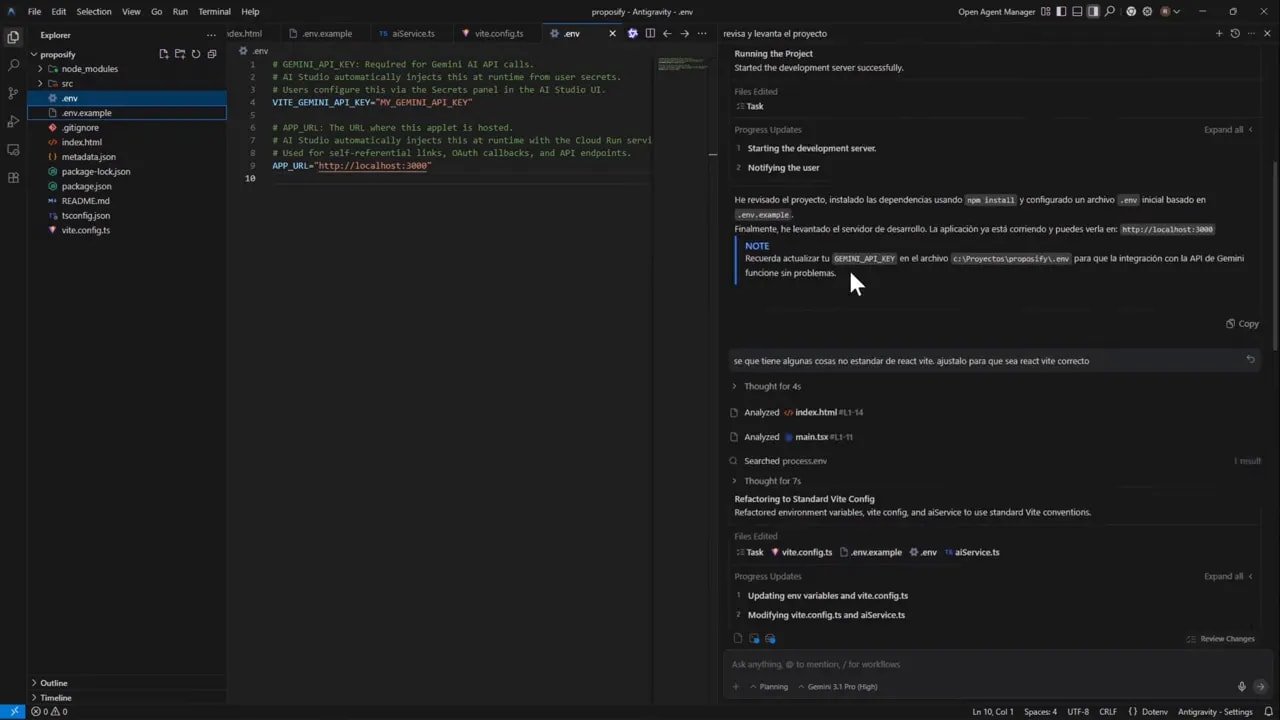 Panel de Antigravity con archivo .env abierto y mensaje que indica que Vite está corriendo en localhost:3000