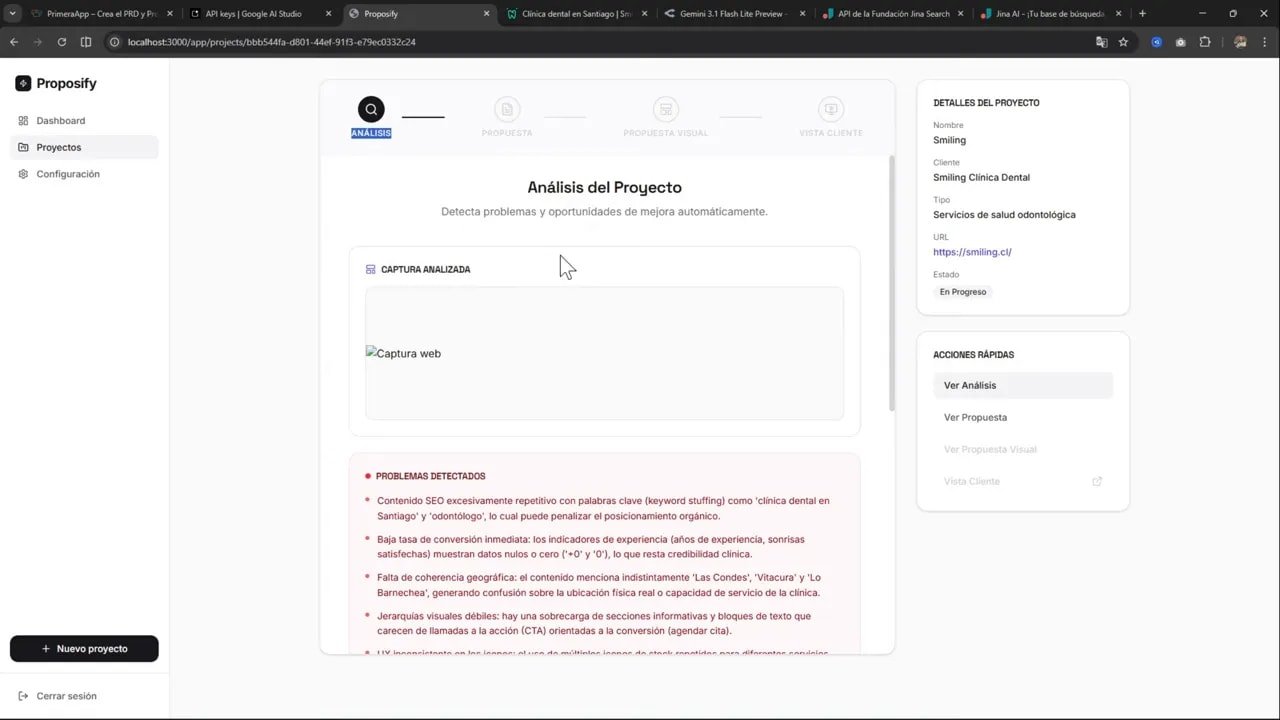 Pantalla de Proposify con la caja 'Captura analizada' mostrando un placeholder 'Captura web' y la sección de problemas detectados debajo