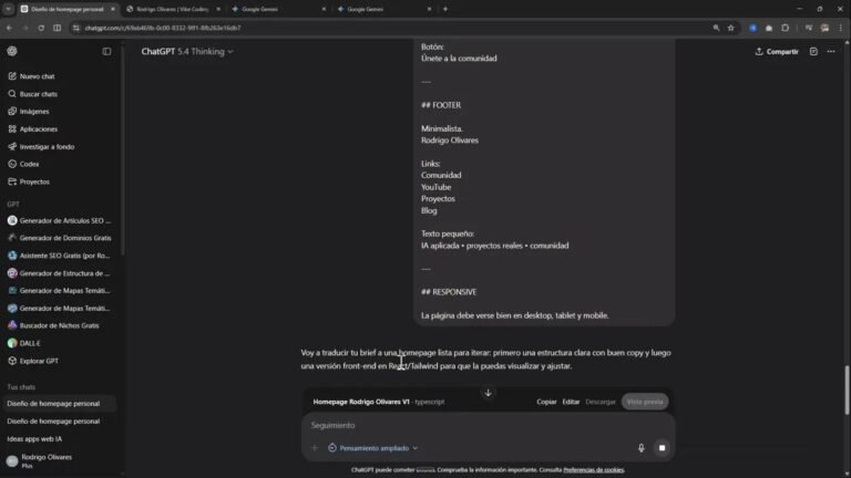 Probé GPT 5.4: por qué sigo usando un modelo más simple 10 Captura de ChatGPT mostrando un mensaje que propone una versión front-end en React/Tailwind