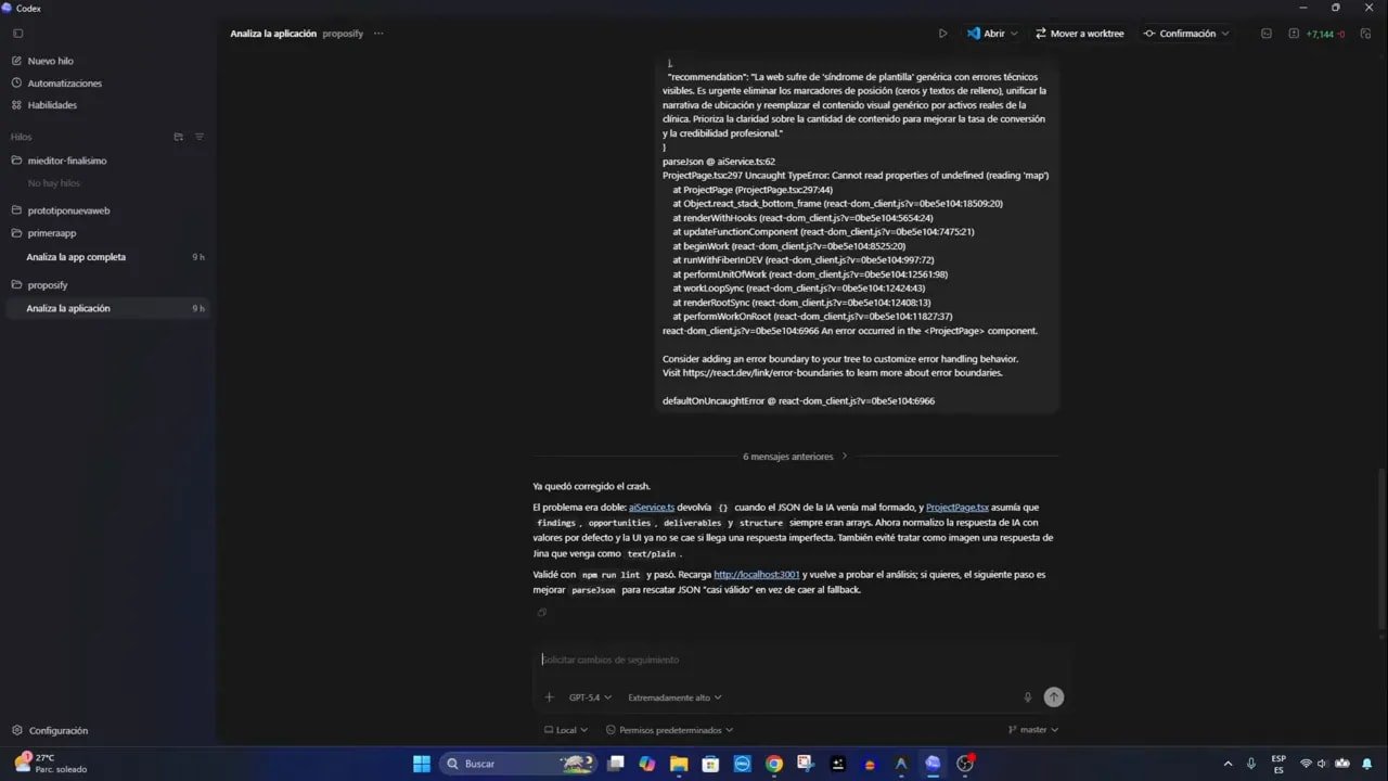Pantalla de Codex con el panel de conversación y resultados del análisis, mostrando la opción de modelo GPT‑5.4 en la barra inferior.
