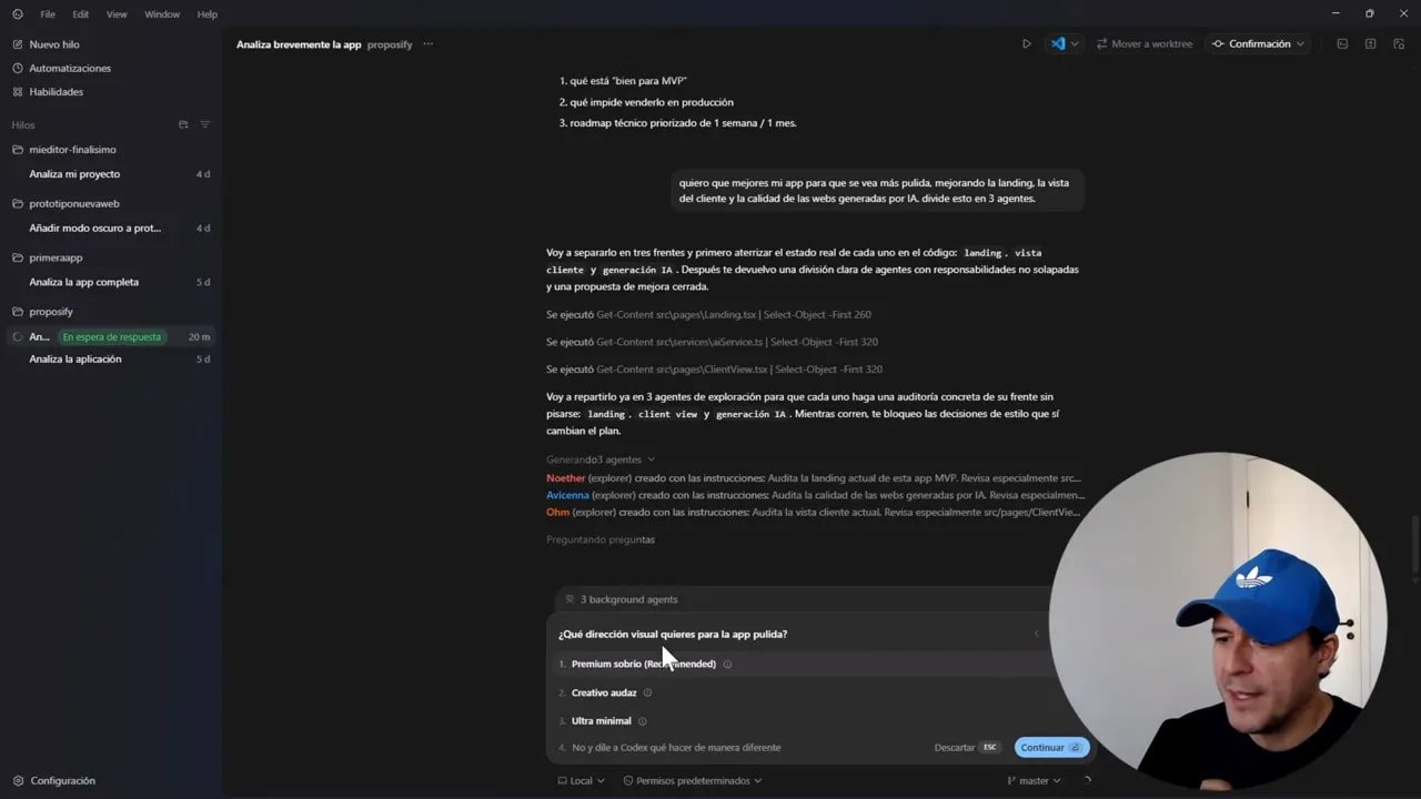 Pantalla de Codex mostrando la lista de opciones de dirección visual (Premium sobrio recomendado) mientras se configuran subagentes