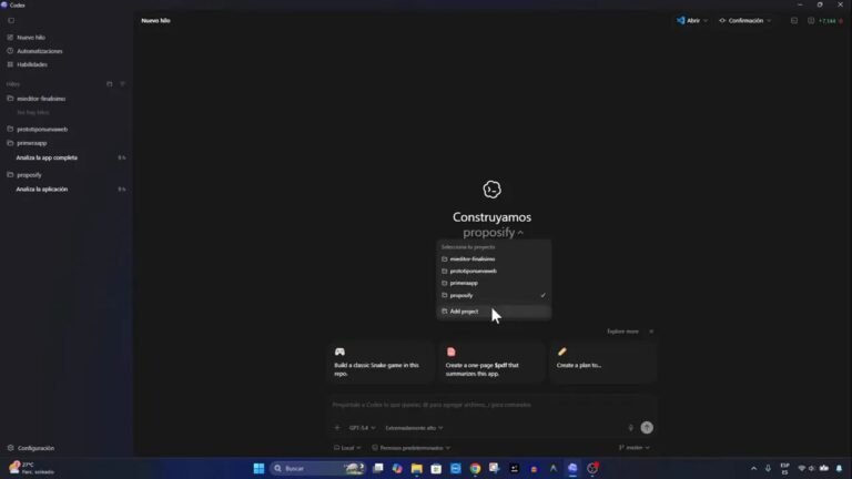 Interfaz de Codex con el selector de proyecto desplegado sobre 'Construyamos proposify' y la lista de workspaces a la izquierda.