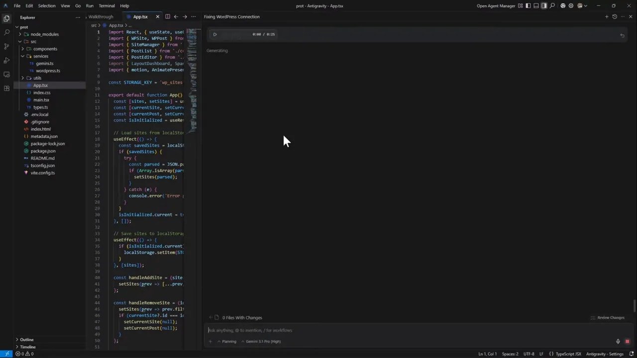 VSCode mostrando App.tsx con la llamada a localStorage.setItem y el árbol de archivos a la izquierda.