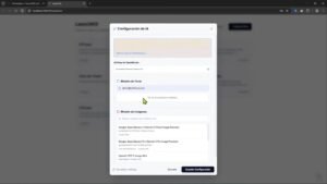 Modal 'Configuración de IA' mostrando campo de API Key enmascarado y lista de modelos de imágenes
