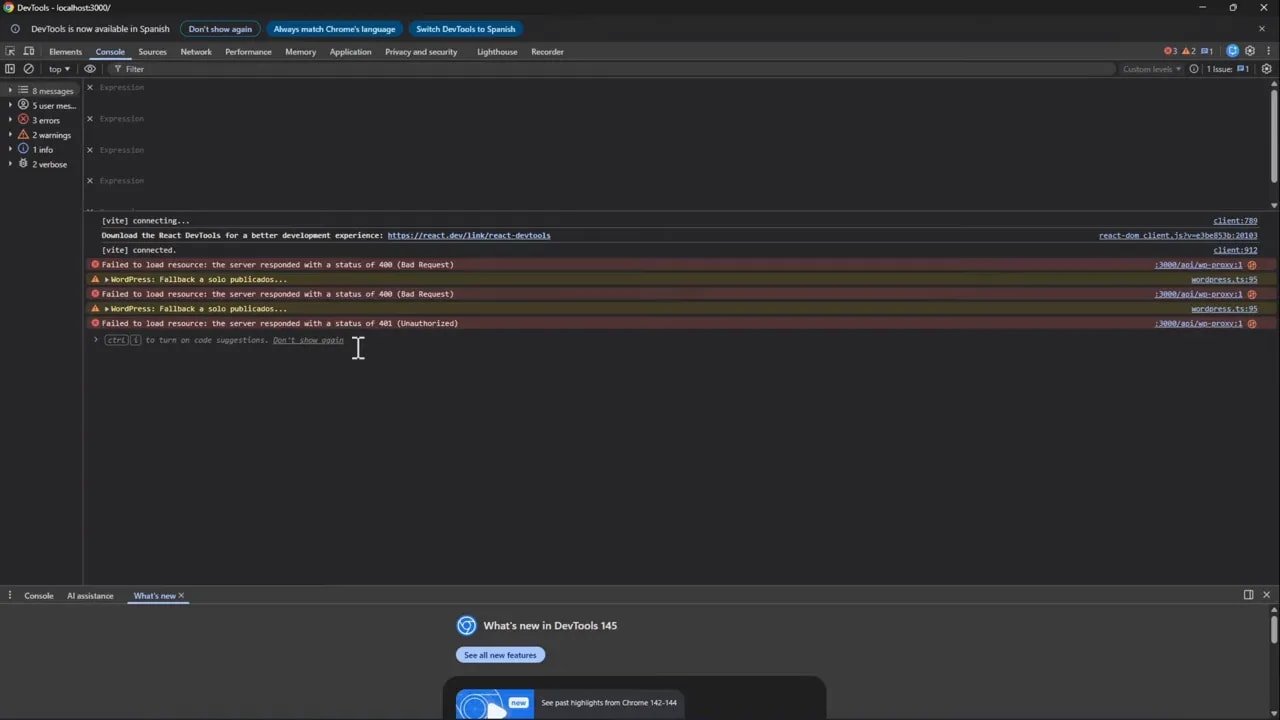 Consola de DevTools con errores 401 Unauthorized y 400 Bad Request visibles