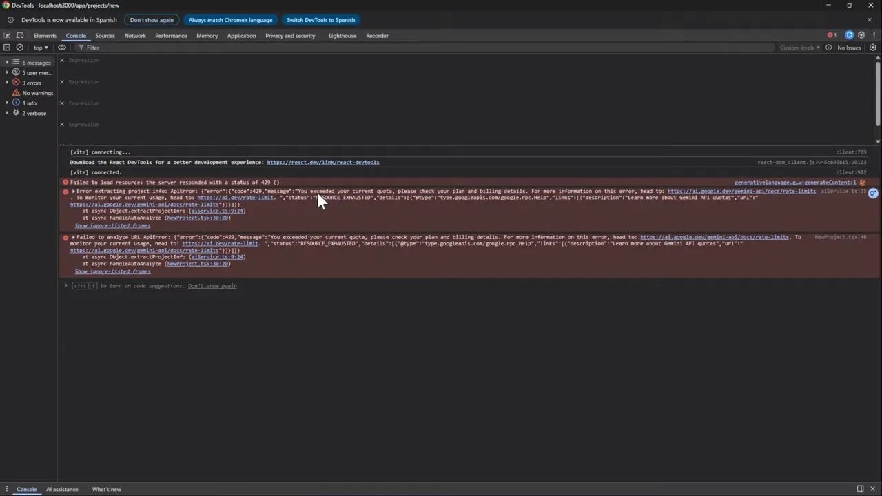 DevTools abierto con errores en rojo indicando 'You exceeded your current quota' y trazas relacionadas.