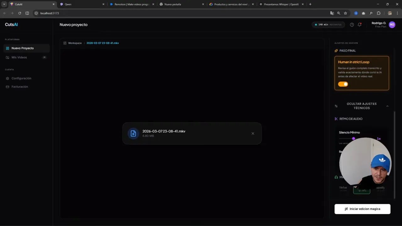 CutsAI con el modo “Human in the Strict Loop” activado para revisión frase por frase
