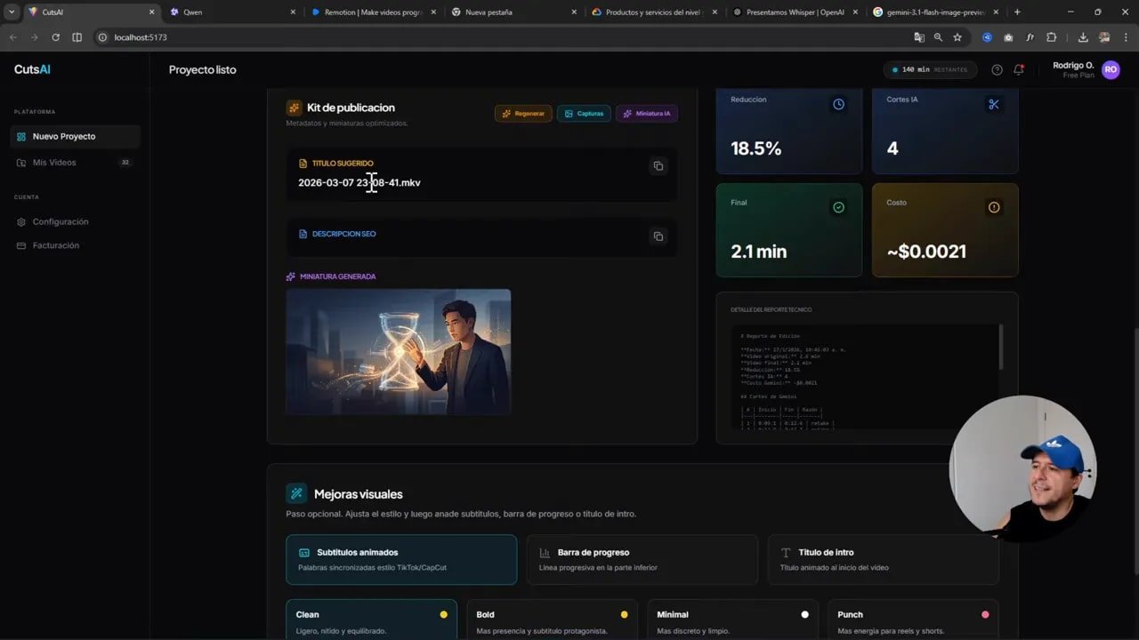 Interfaz de CutsAI en el kit de publicación mostrando título sugerido, descripción SEO y miniatura generada para el proyecto