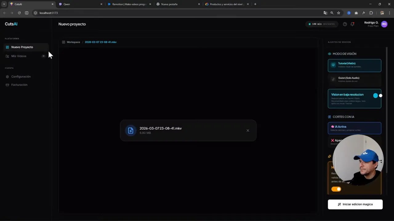 Interfaz de CutsAI mostrando el modo visión y la carga del archivo del proyecto para edición automática