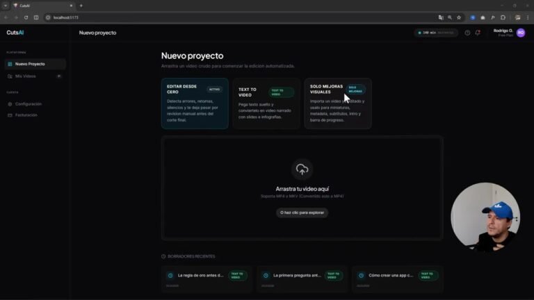 Interfaz de CutsAI con pantalla “Nuevo proyecto” y opciones para editar o crear videos