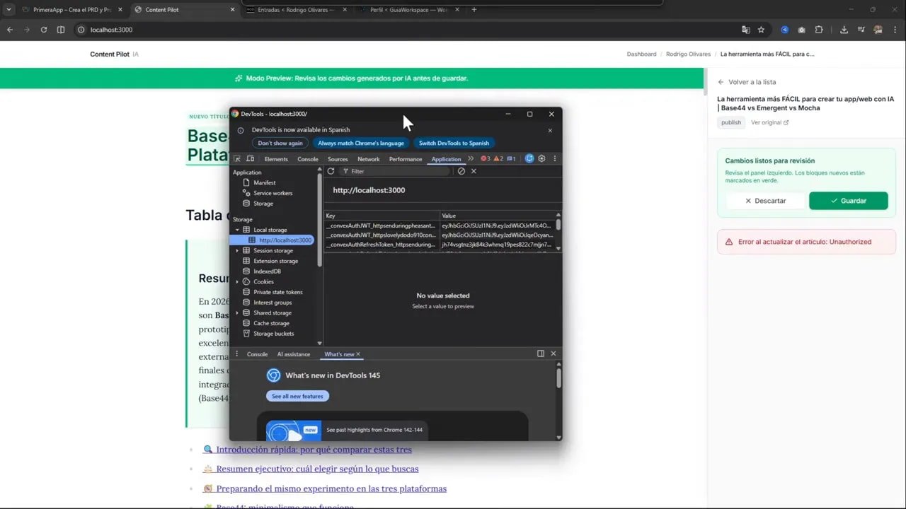 Consola de DevTools con la pestaña 'Application' abierta, mostrando las entradas de localStorage y valores que incluyen tokens/autenticación para localhost:3000.