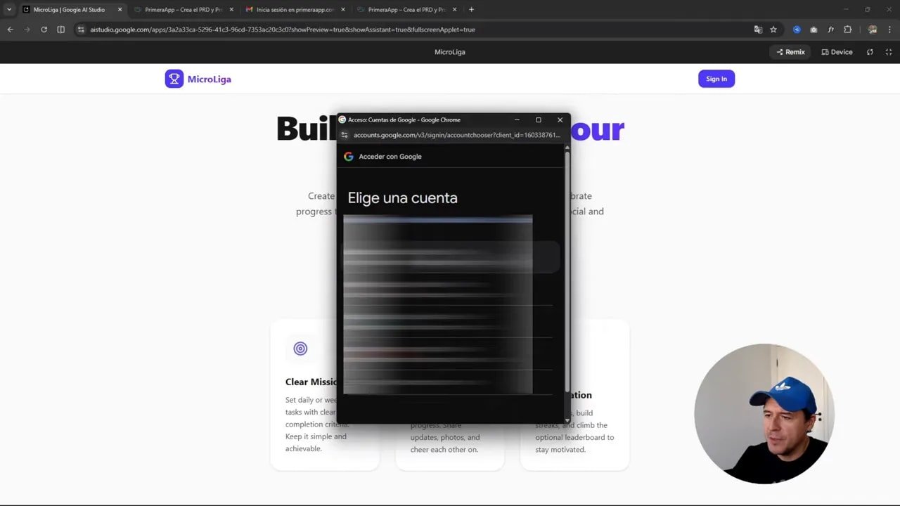 AI Studio ahora integra Firebase automáticamente, creé una app completa en 5 minutos 5 Diálogo de Google 'Elige una cuenta' en primer plano sobre la app MicroLiga, mostrando el flujo de autenticación con Google.