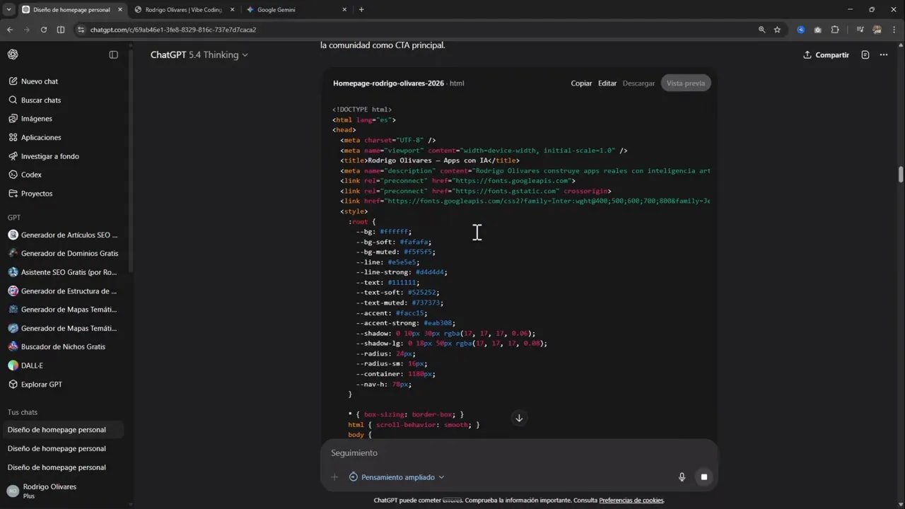 Probé GPT 5.4: por qué sigo usando un modelo más simple 2 Captura de ChatGPT mostrando DOCTYPE, enlaces a Google Fonts y variables CSS en el prototipo