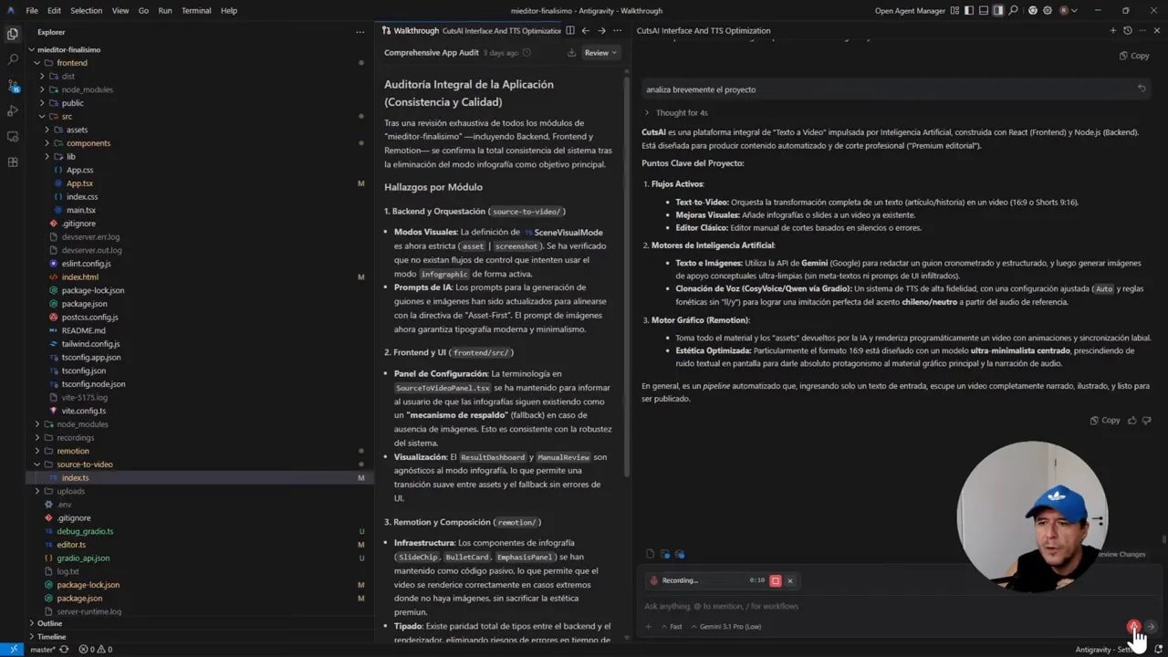 Editor de CutsAI con documentación del proyecto y panel de propuesta para análisis