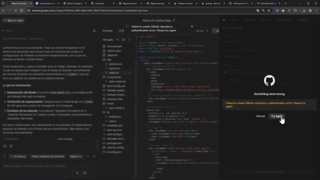 Error de autenticación al crear el repositorio de GitHub desde Google AI Studio