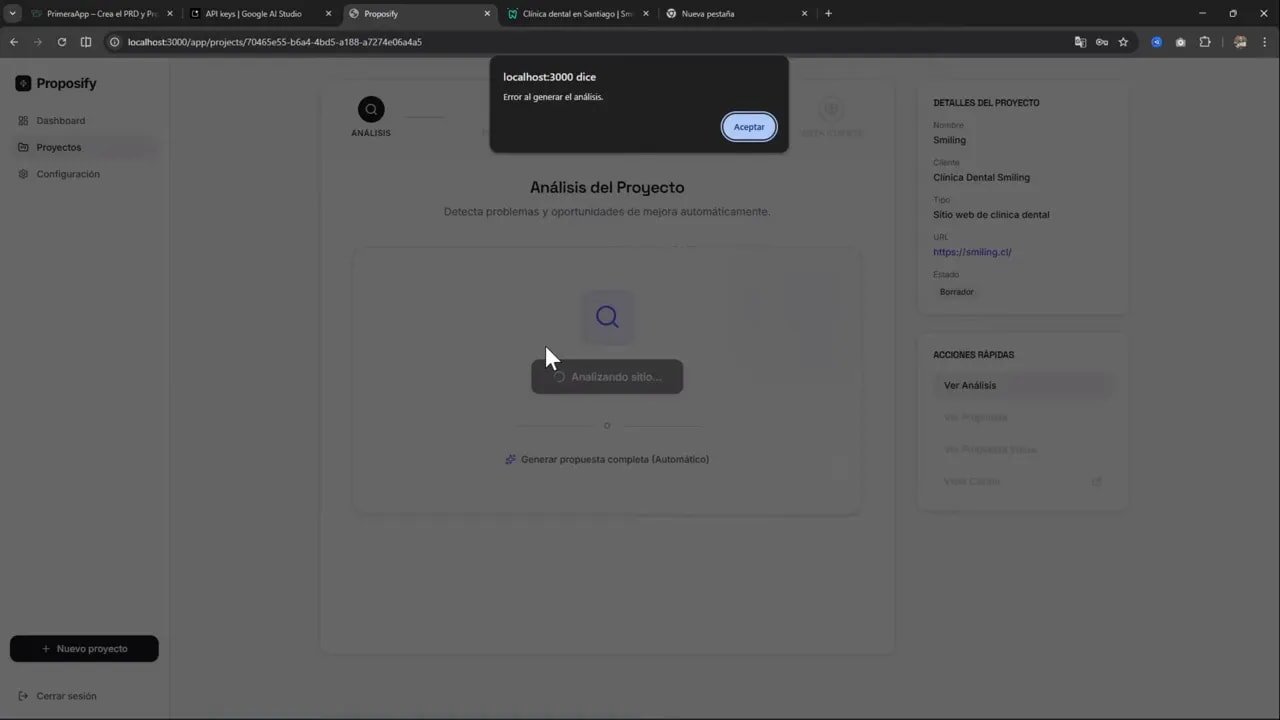 Modal de error en la app indicando 'Error al generar el análisis' mientras se intentaba procesar la URL/screenshot.