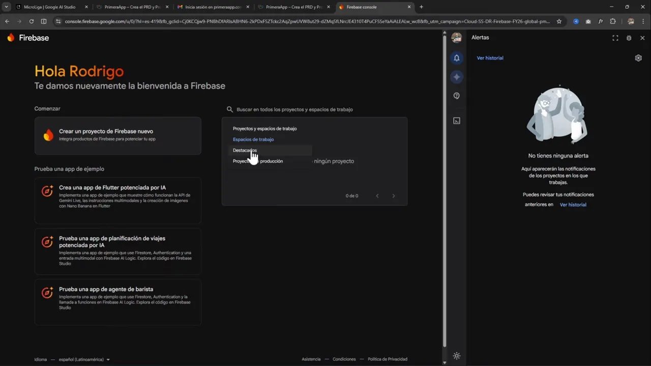 AI Studio ahora integra Firebase automáticamente, creé una app completa en 5 minutos 6 Consola de Firebase mostrando el saludo 'Hola Rodrigo', el panel de proyectos/espacios de trabajo y opciones de ejemplo.