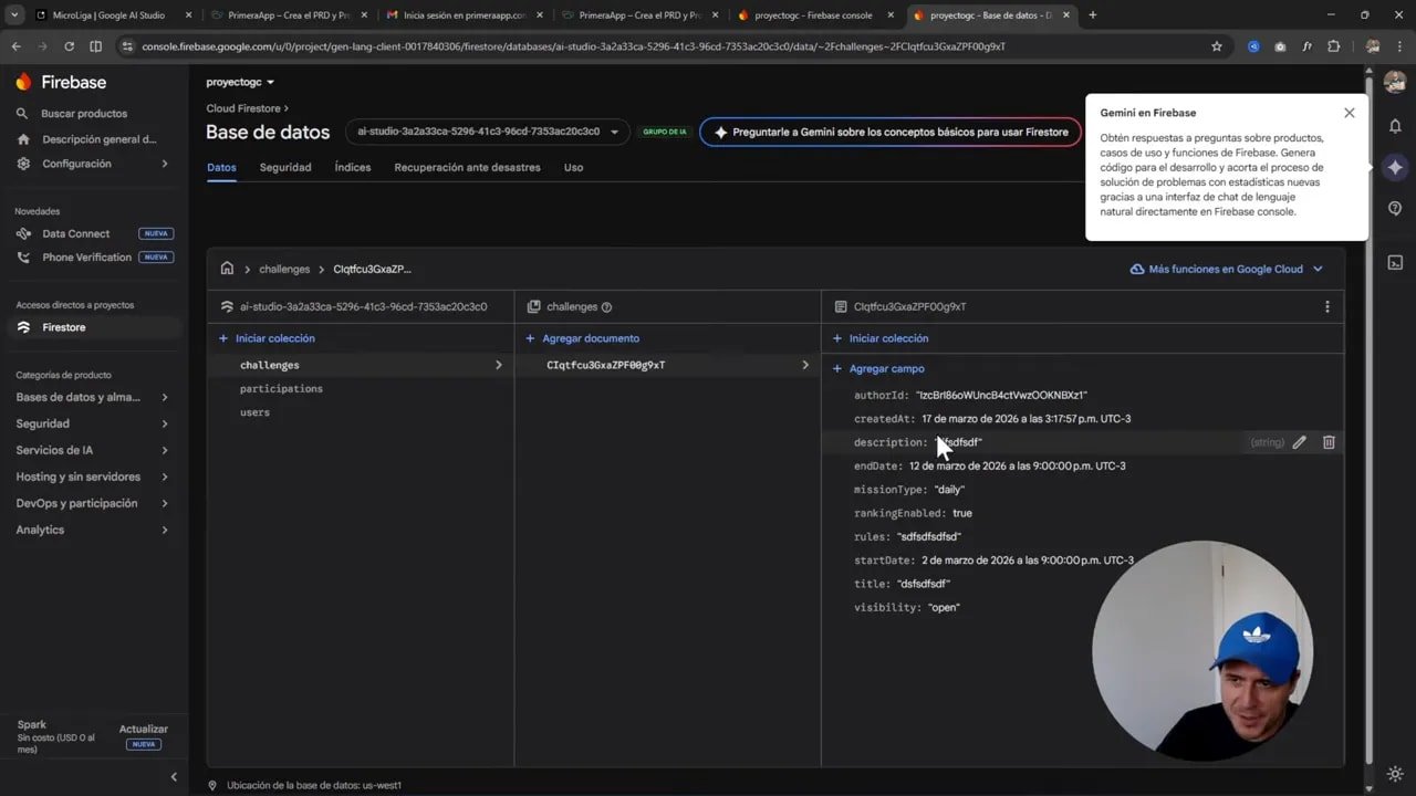 AI Studio ahora integra Firebase automáticamente, creé una app completa en 5 minutos 7 Consola de Firebase (Firestore) mostrando la colección 'challenges' y los campos del documento guardado para el challenge.