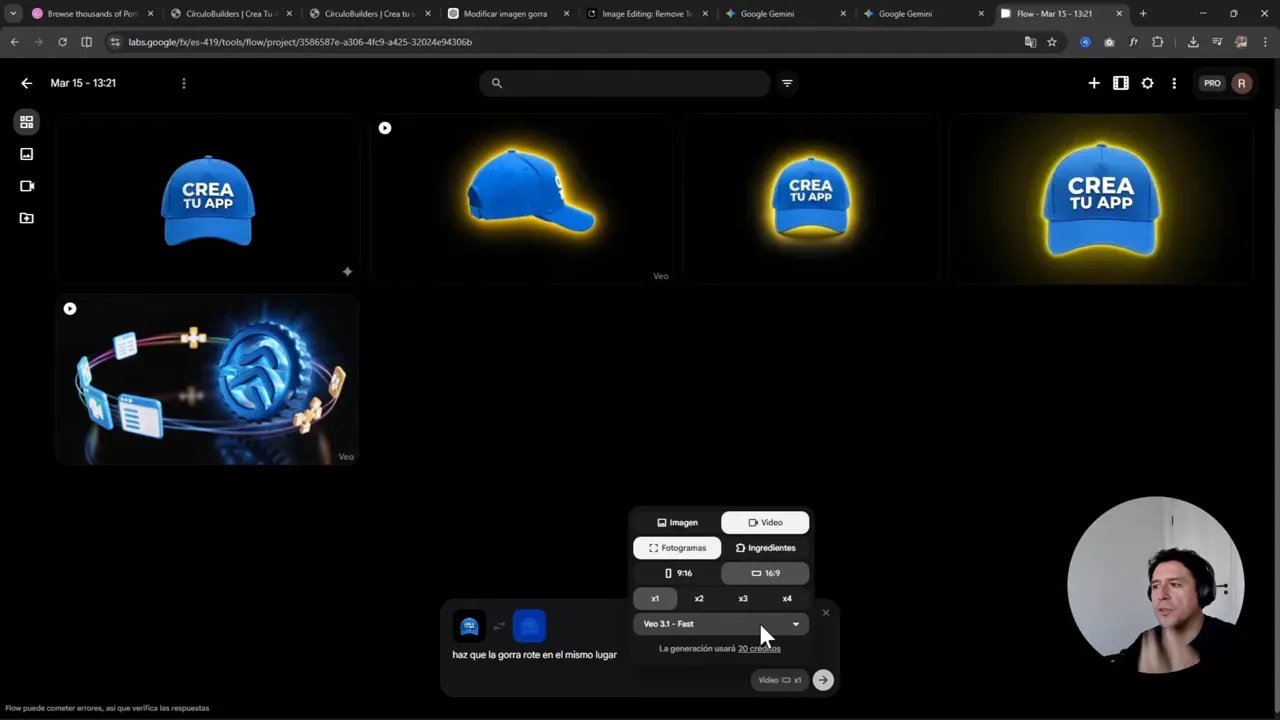 Flow mostrando previsualización de gorra animada y configuración de generación del video