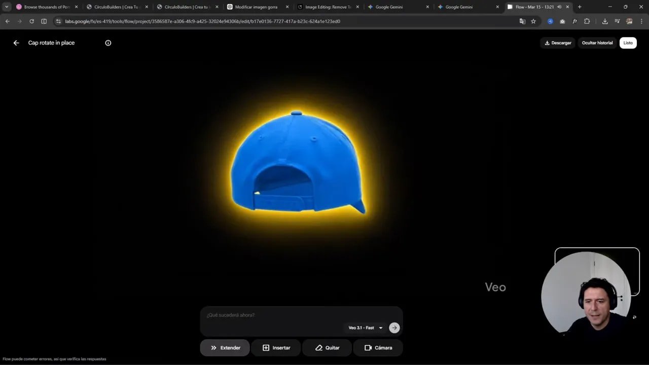 Flow generando un video con la gorra rotando en el mismo lugar sobre fondo negro