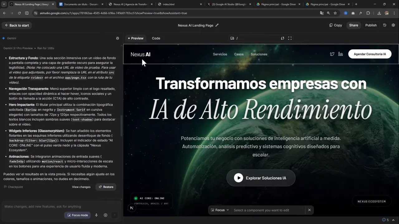 Google AI Studio en modo Focus mostrando la landing Nexus AI con hero, encabezado y botón “Agendar Consultoría IA”