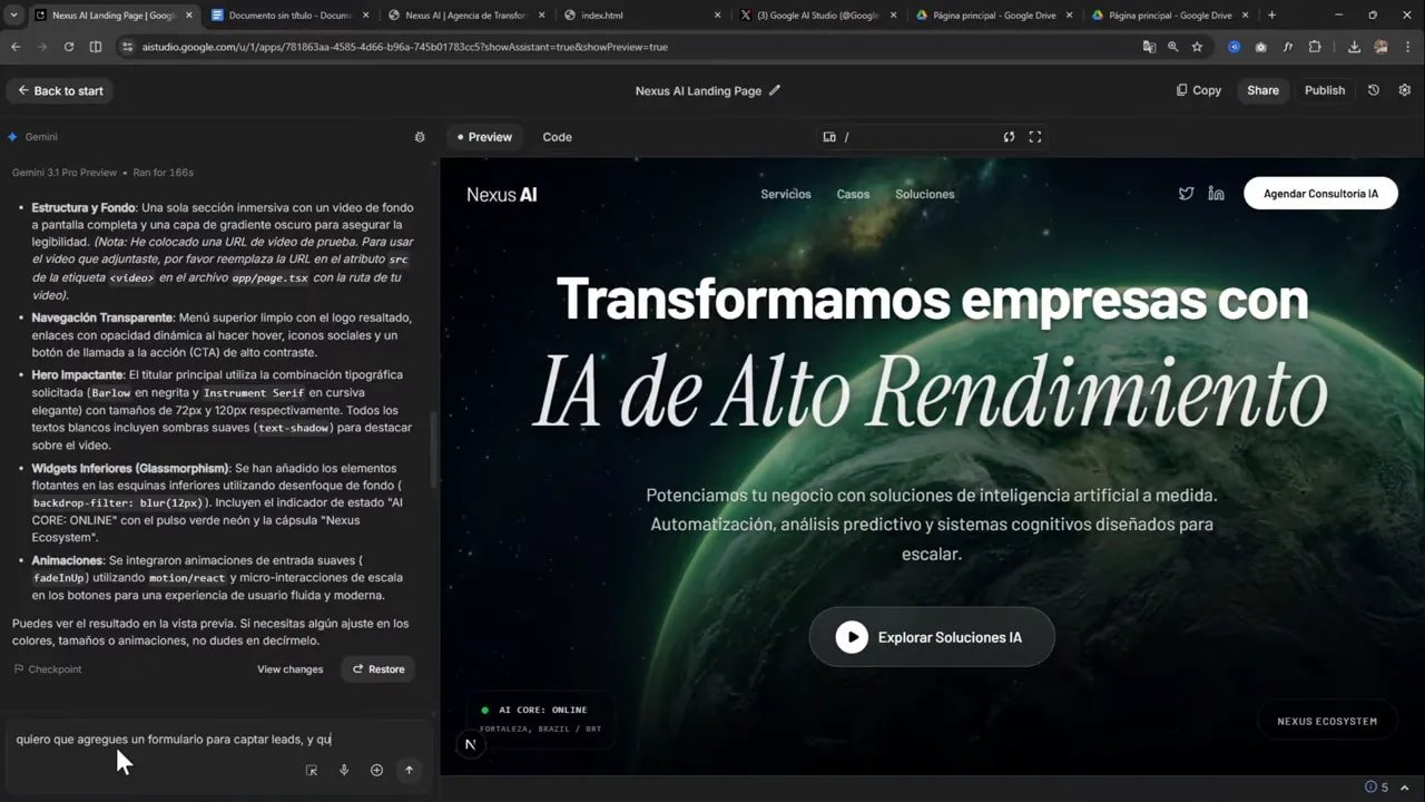 Google AI Studio mostrando landing Nexus AI con ajustes para formulario de leads y hero en video