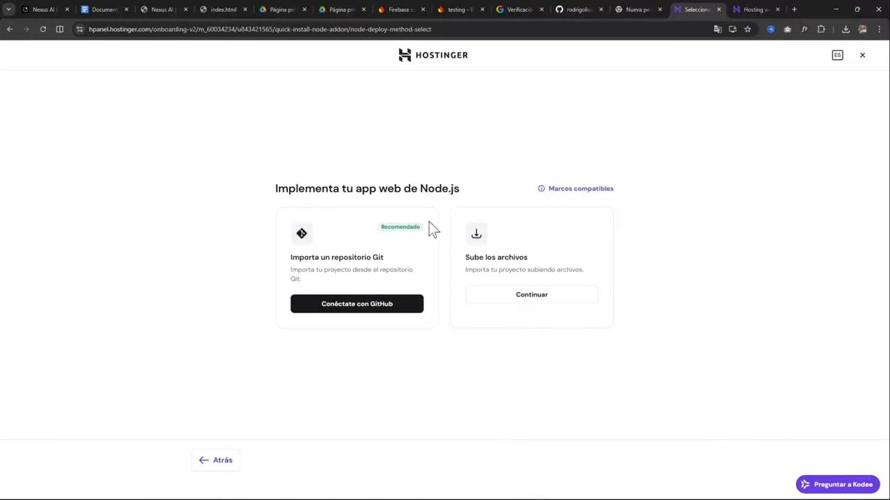 Hostinger mostrando opciones para implementar una app web de Node.js: importar GitHub o subir archivos
